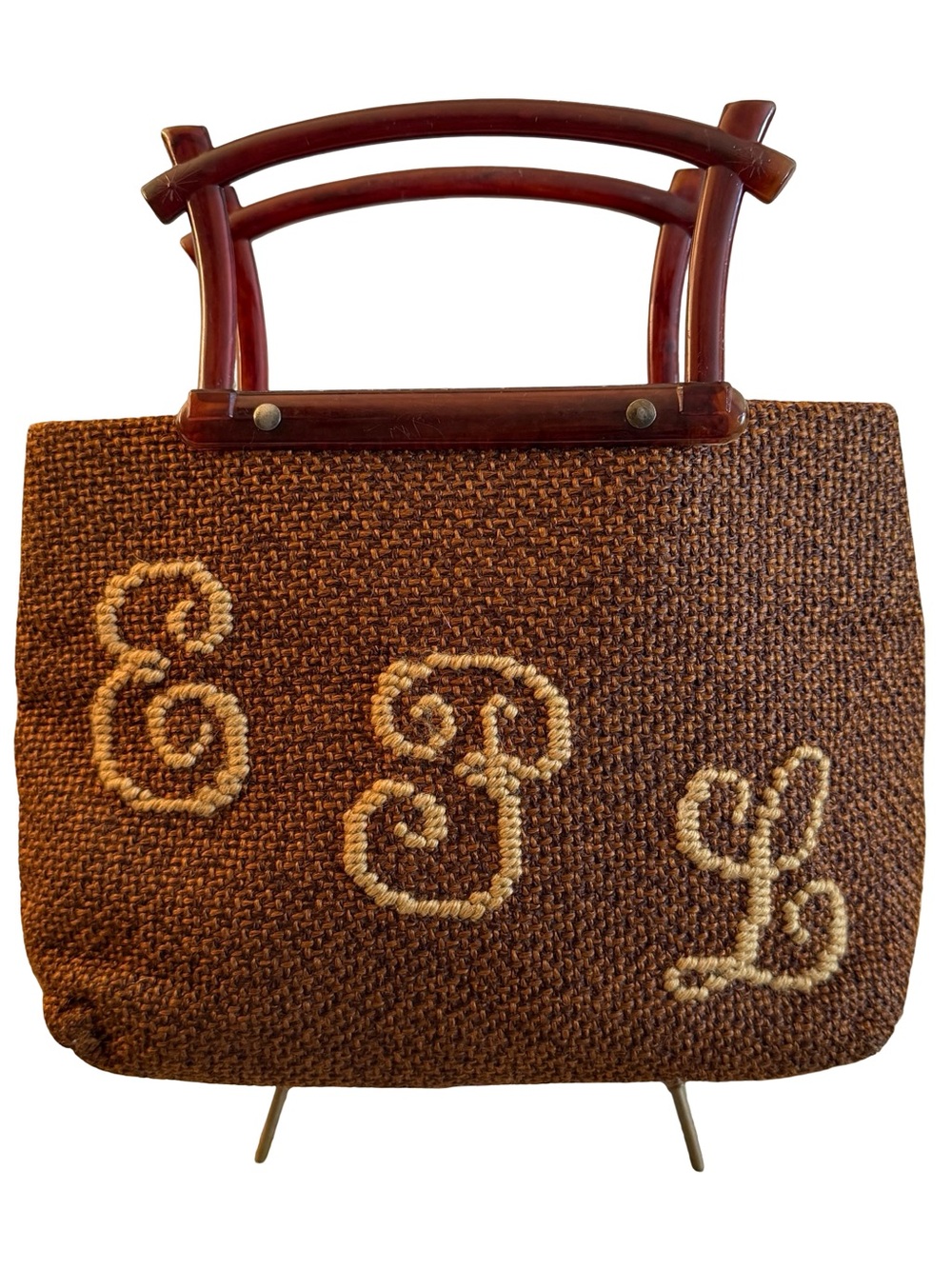 Vintage Brown Woven Handbag Monogram E B L Lucite Bakelite Style Handles MCM